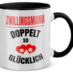 22Feels® Geschenk für Zwillingsmütter - Tasse mit Spruch: Doppelt So Glücklich (Weiss-Schwarz, 320ml)-TwoTone Tasse Weiss-Schwarz 320ml-22Feels