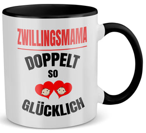 22Feels® Geschenk für Zwillingsmütter - Tasse mit Spruch: Doppelt So Glücklich (Weiss-Schwarz, 320ml)-TwoTone Tasse Weiss-Schwarz 320ml-22Feels
