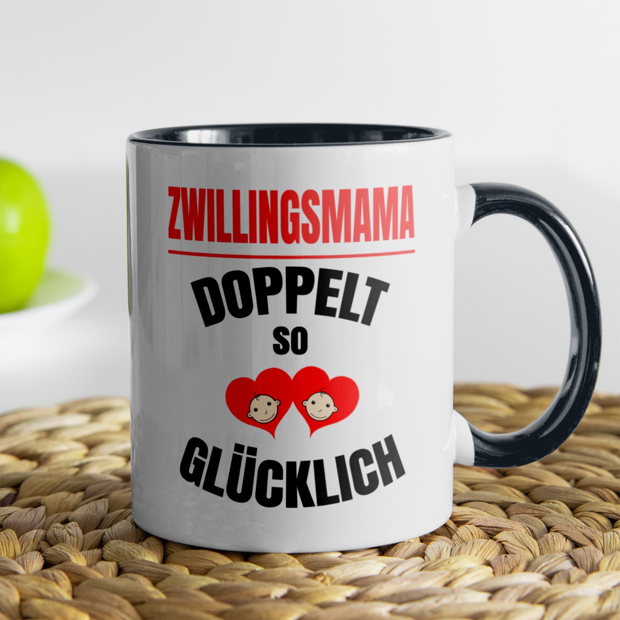 22Feels® Geschenk für Zwillingsmütter - Tasse mit Spruch: Doppelt So Glücklich (Weiss-Schwarz, 320ml)-TwoTone Tasse Weiss-Schwarz 320ml-22Feels