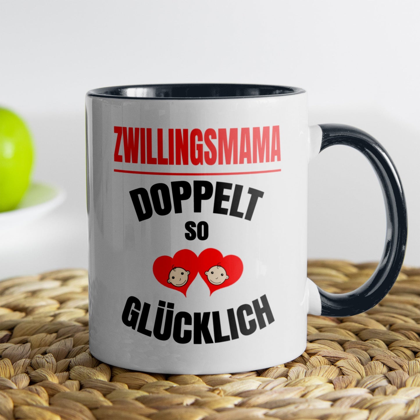 22Feels® Geschenk für Zwillingsmütter - Tasse mit Spruch: Doppelt So Glücklich (Weiss-Schwarz, 320ml)-TwoTone Tasse Weiss-Schwarz 320ml-22Feels