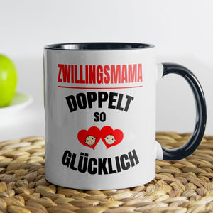 22Feels® Geschenk für Zwillingsmütter - Tasse mit Spruch: Doppelt So Glücklich (Weiss-Schwarz, 320ml)-TwoTone Tasse Weiss-Schwarz 320ml-22Feels