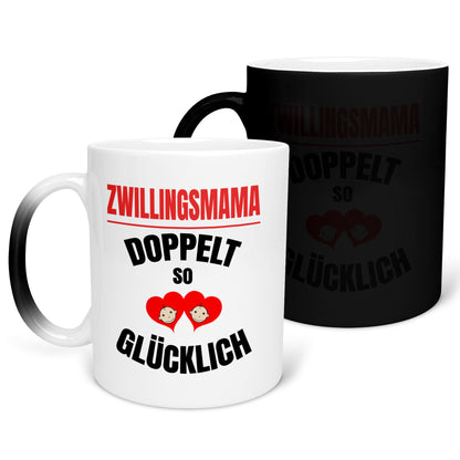 22Feels® Geschenk für Zwillingsmütter - Zaubertasse mit Spruch: Doppelt So Glücklich (Matt-Schwarz und Weiss, 320ml)-Farbwechsel Tasse Matt 320ml-22Feels