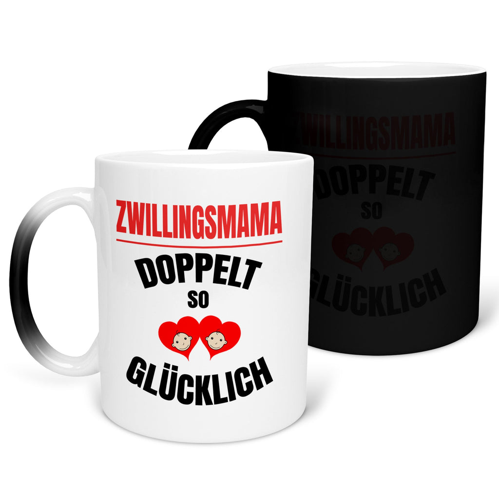 22Feels® Geschenk für Zwillingsmütter - Zaubertasse mit Spruch: Doppelt So Glücklich (Matt-Schwarz und Weiss, 320ml)-Farbwechsel Tasse Matt 320ml-22Feels