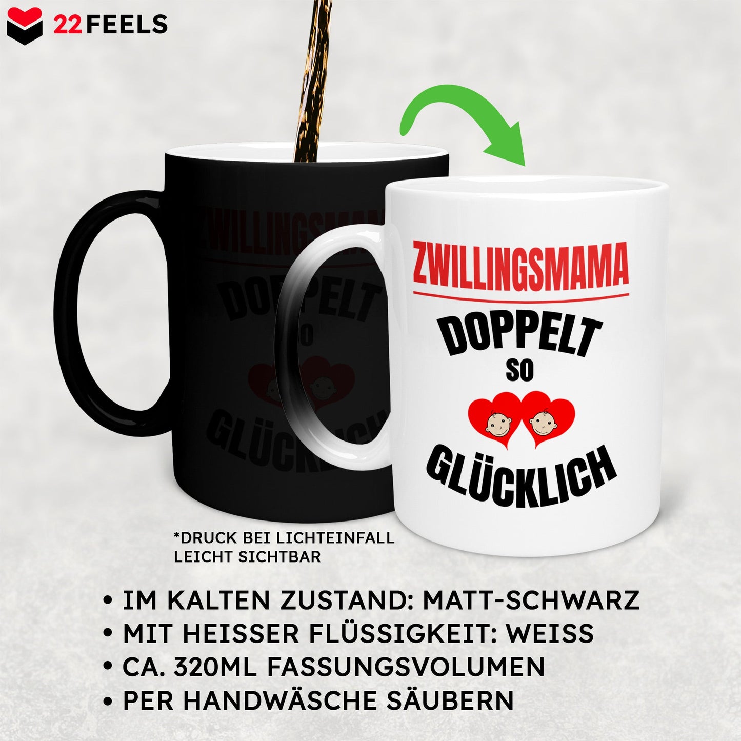 22Feels® Geschenk für Zwillingsmütter - Zaubertasse mit Spruch: Doppelt So Glücklich (Matt-Schwarz und Weiss, 320ml)-Farbwechsel Tasse Matt 320ml-22Feels