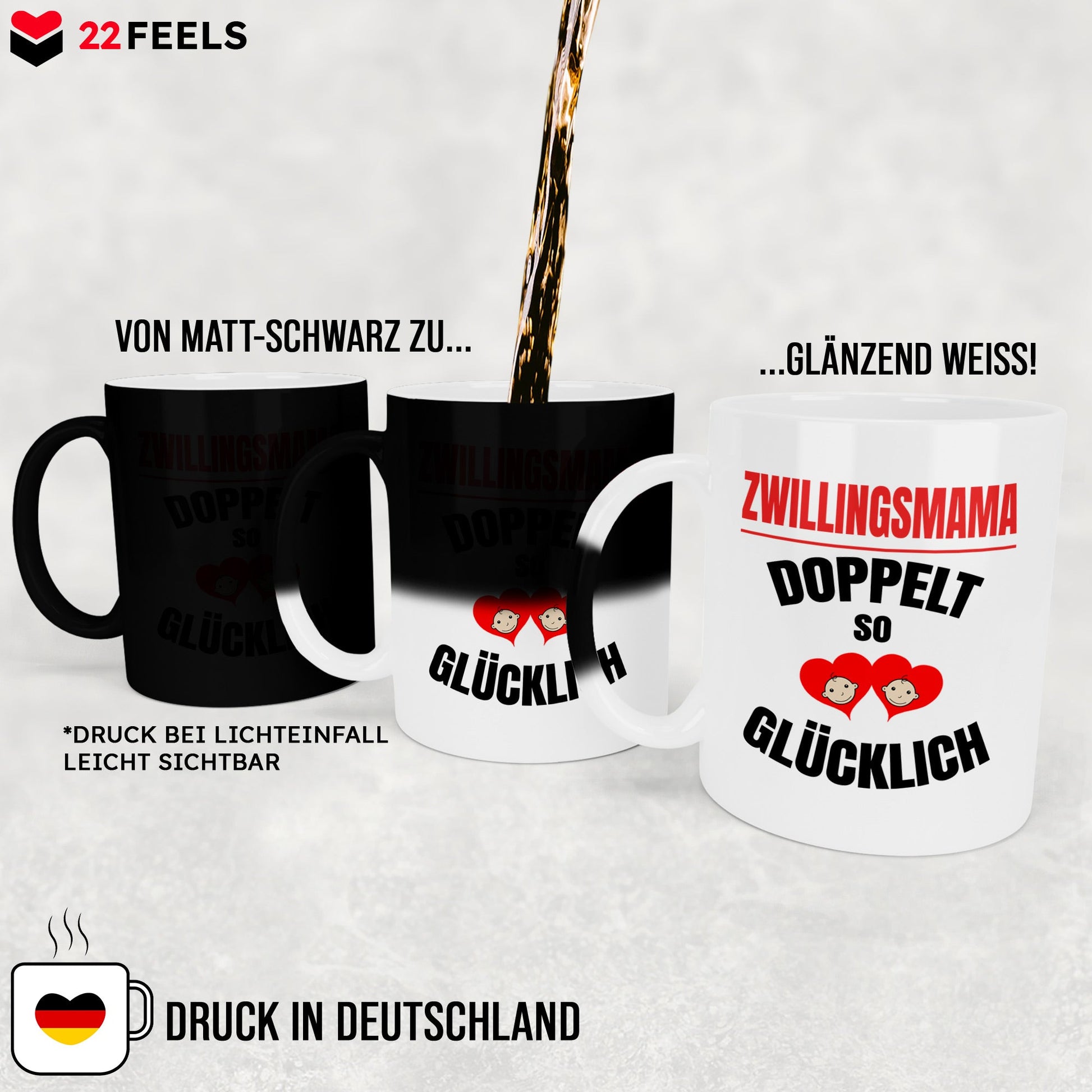 22Feels® Geschenk für Zwillingsmütter - Zaubertasse mit Spruch: Doppelt So Glücklich (Matt-Schwarz und Weiss, 320ml)-Farbwechsel Tasse Matt 320ml-22Feels