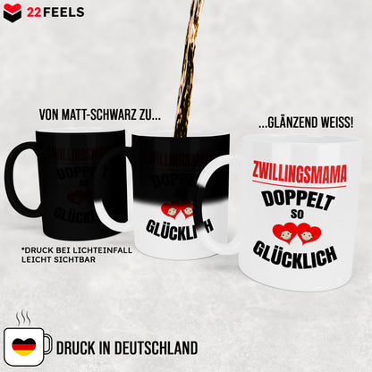 22Feels® Geschenk für Zwillingsmütter - Zaubertasse mit Spruch: Doppelt So Glücklich (Matt-Schwarz und Weiss, 320ml)-Farbwechsel Tasse Matt 320ml-22Feels