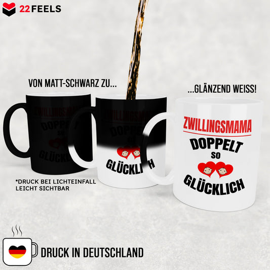 22Feels® Geschenk für Zwillingsmütter - Zaubertasse mit Spruch: Doppelt So Glücklich (Matt-Schwarz und Weiss, 320ml)-Farbwechsel Tasse Matt 320ml-22Feels