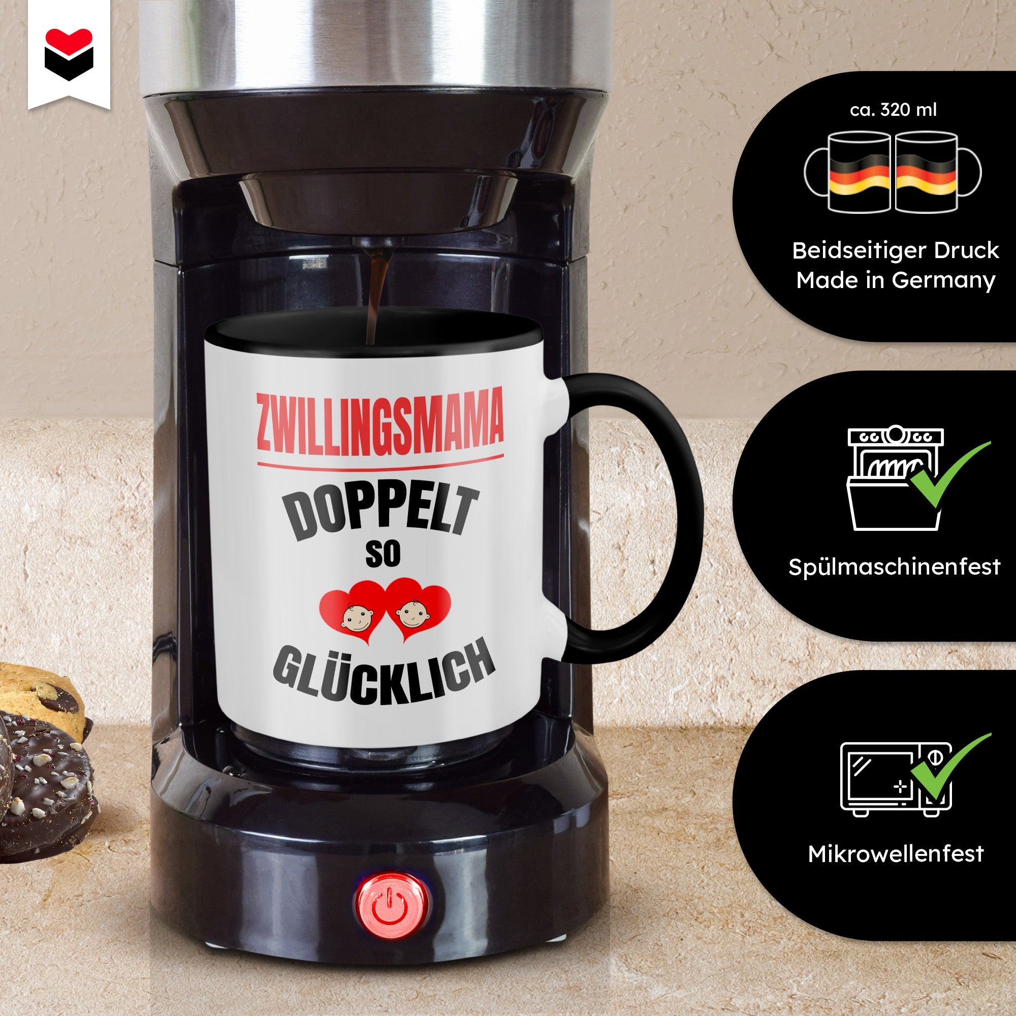 22Feels® Geschenk für Zwillingsmütter - Tasse mit Spruch: Doppelt So Glücklich (Weiss-Schwarz, 320ml)-TwoTone Tasse Weiss-Schwarz 320ml-22Feels