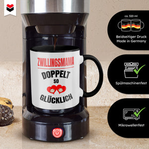 22Feels® Geschenk für Zwillingsmütter - Tasse mit Spruch: Doppelt So Glücklich (Weiss-Schwarz, 320ml)-TwoTone Tasse Weiss-Schwarz 320ml-22Feels