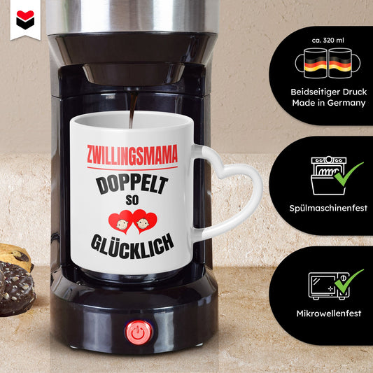 22Feels® Geschenk für Zwillingsmütter - Tasse mit Spruch: Doppelt So Glücklich (Herzhenkel, Weiss, 320ml)-Tasse Weiss Herzhenkel 320ml-22Feels