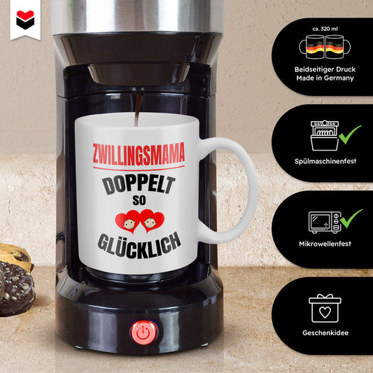 22Feels® Geschenk für Zwillingsmütter - Tasse mit Spruch: Doppelt So Glücklich (Weiss, 320ml)-Weisse Tasse 320ml-22Feels