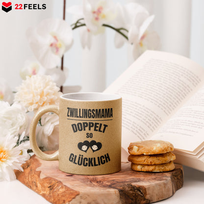 22Feels® Geschenk für Zwillingsmütter - Glitzertasse mit Spruch: Doppelt So Glücklich (Gold, 320ml)-Glitzertasse Gold 320ml-22Feels