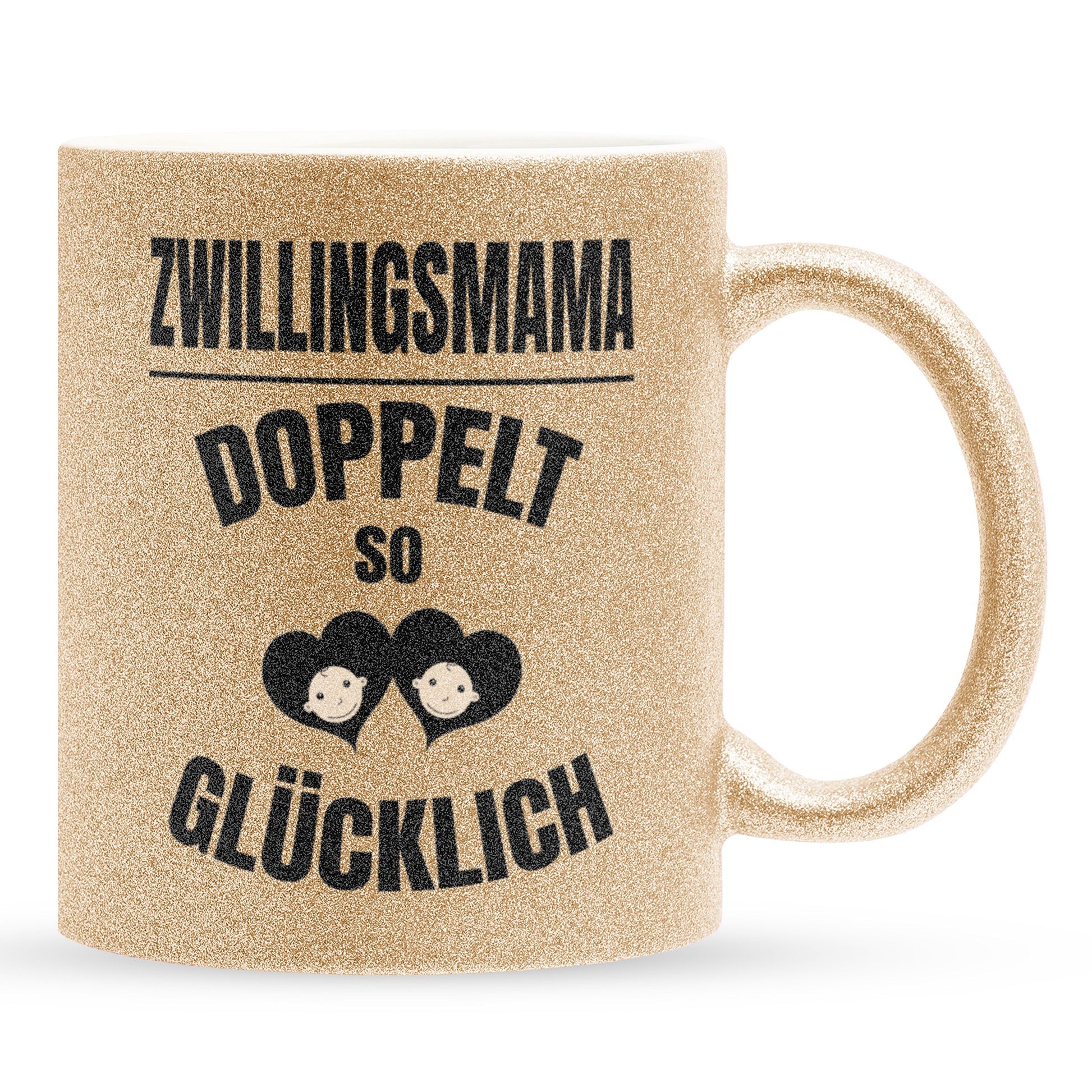 22Feels® Geschenk für Zwillingsmütter - Glitzertasse mit Spruch: Doppelt So Glücklich (Gold, 320ml)-Glitzertasse Gold 320ml-22Feels
