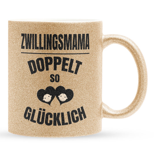 22Feels® Geschenk für Zwillingsmütter - Glitzertasse mit Spruch: Doppelt So Glücklich (Gold, 320ml)-Glitzertasse Gold 320ml-22Feels