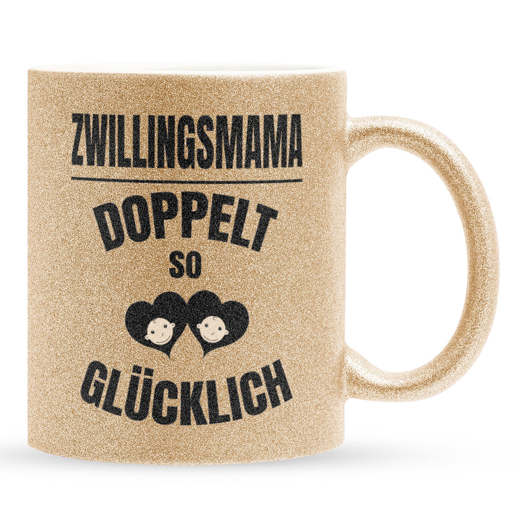 22Feels® Geschenk für Zwillingsmütter - Glitzertasse mit Spruch: Doppelt So Glücklich (Gold, 320ml)-Glitzertasse Gold 320ml-22Feels