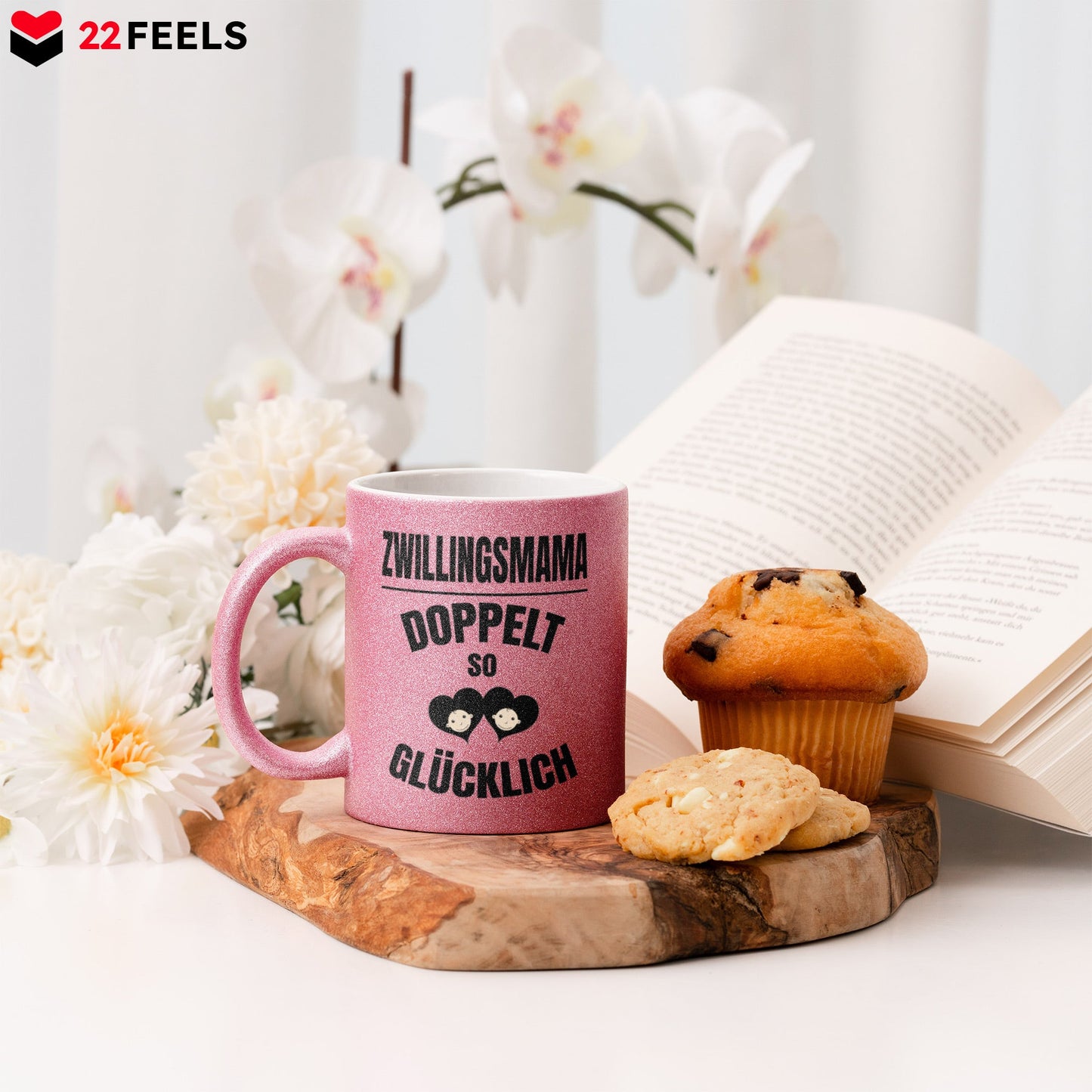 22Feels® Geschenk für Zwillingsmütter - Glitzertasse mit Spruch: Doppelt So Glücklich (Pink, 320ml)-Glitzertasse Pink 320ml-22Feels