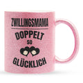 22Feels® Geschenk für Zwillingsmütter - Glitzertasse mit Spruch: Doppelt So Glücklich (Pink, 320ml)-Glitzertasse Pink 320ml-22Feels