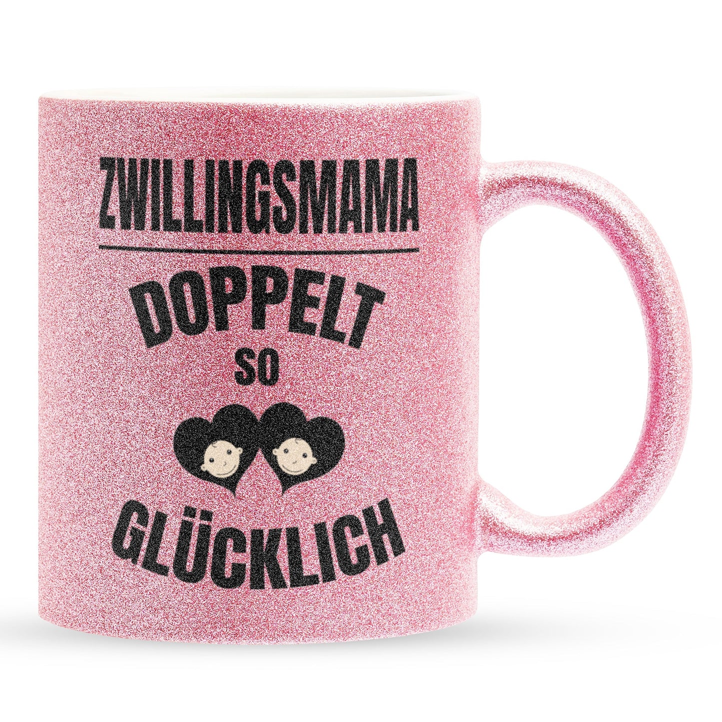 22Feels® Geschenk für Zwillingsmütter - Glitzertasse mit Spruch: Doppelt So Glücklich (Pink, 320ml)-Glitzertasse Pink 320ml-22Feels