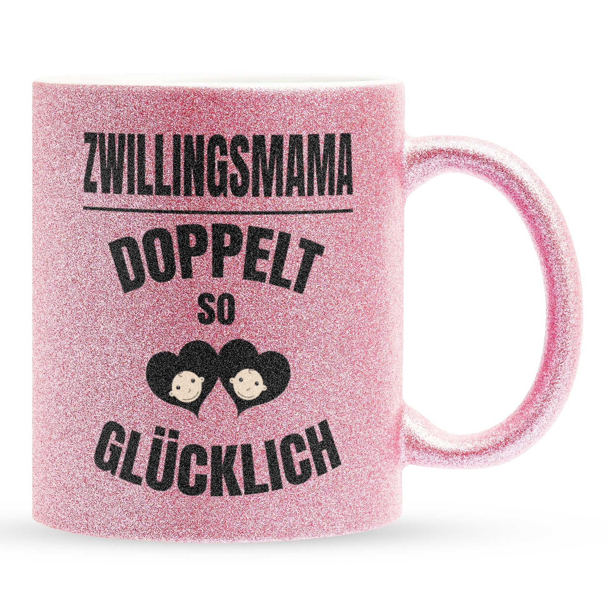 22Feels® Geschenk für Zwillingsmütter - Glitzertasse mit Spruch: Doppelt So Glücklich (Pink, 320ml)-Glitzertasse Pink 320ml-22Feels