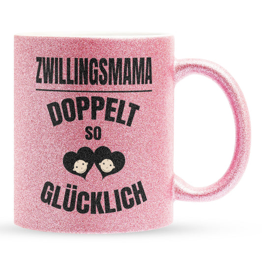 22Feels® Geschenk für Zwillingsmütter - Glitzertasse mit Spruch: Doppelt So Glücklich (Pink, 320ml)-Glitzertasse Pink 320ml-22Feels