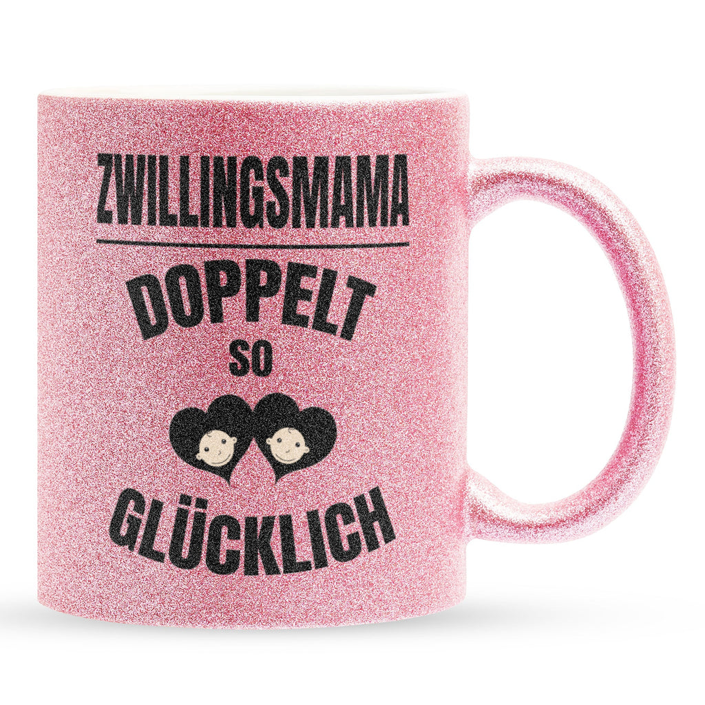 22Feels® Geschenk für Zwillingsmütter - Glitzertasse mit Spruch: Doppelt So Glücklich (Pink, 320ml)-Glitzertasse Pink 320ml-22Feels