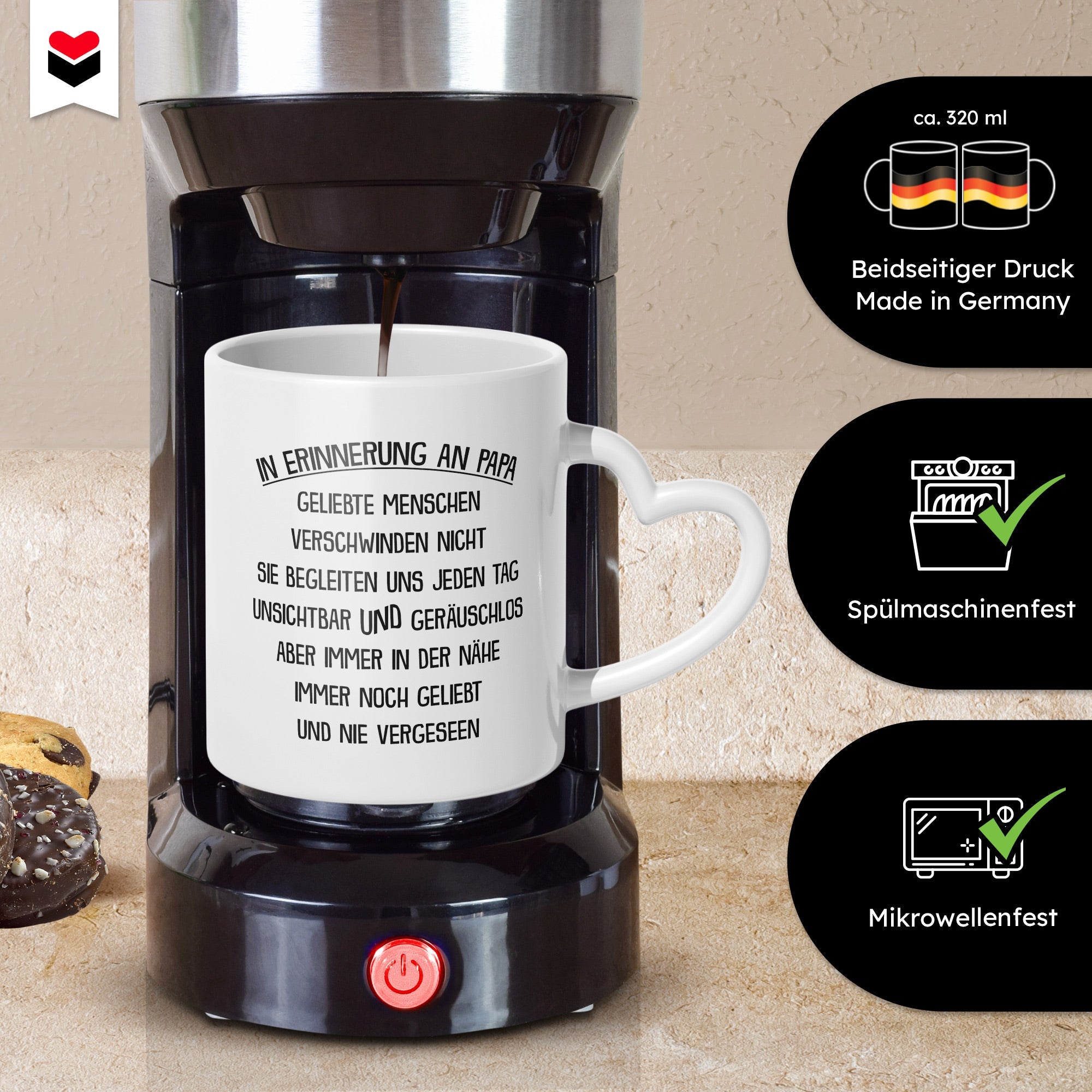 22Feels® Geschenk zum Andenken - Tasse mit Spruch: In Erinnerung An Papa (Herzhenkel, Weiss, 320ml)-Tasse Weiss Herzhenkel 320ml-22Feels