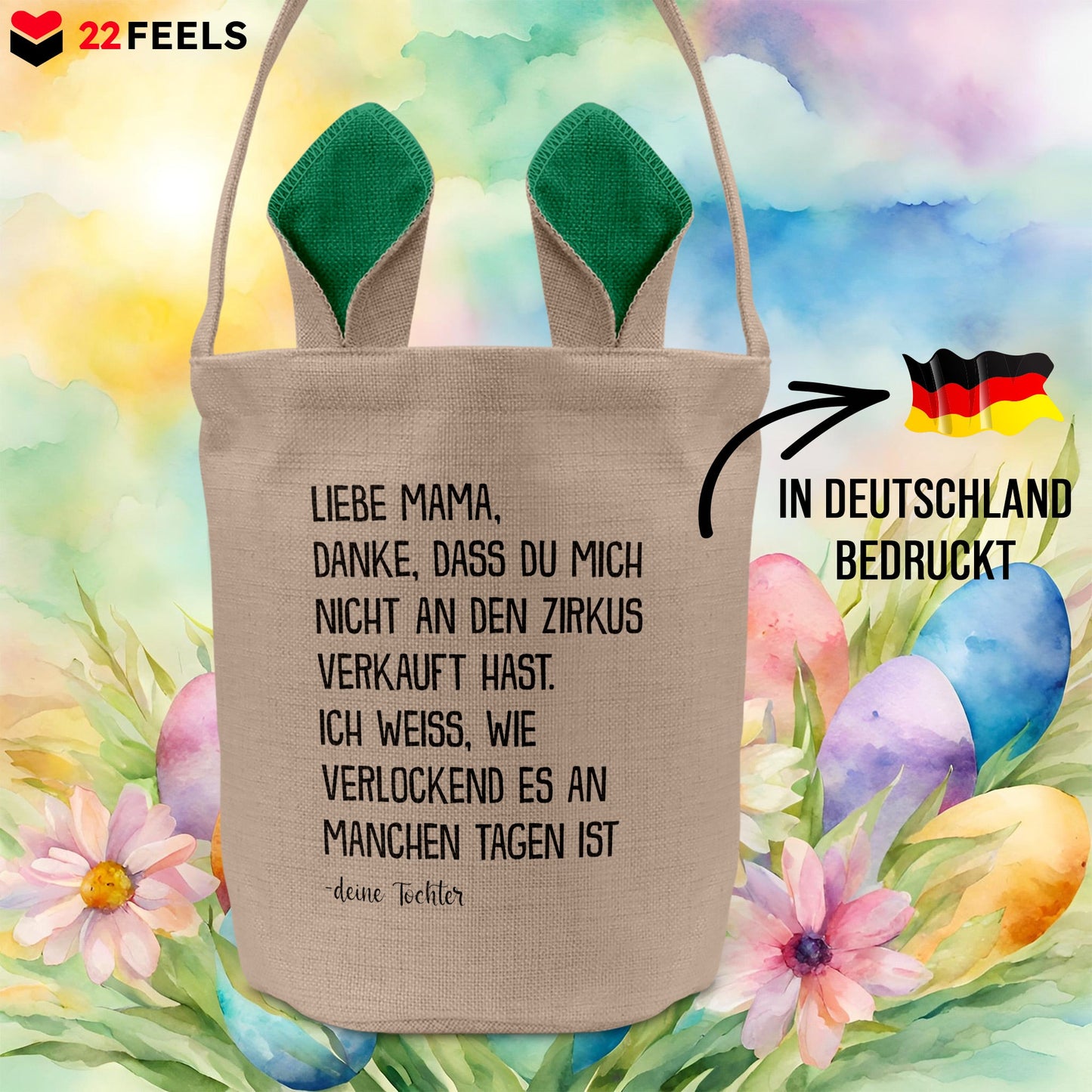 22Feels® Mama Osterkorb von Tochter Mutter mit Henkel Ostergeschenk Tragetasche Ostern Deko Osternest Körbchen Hasenohren (Beige/Grün)-Ostern Tragetasche-22Feels