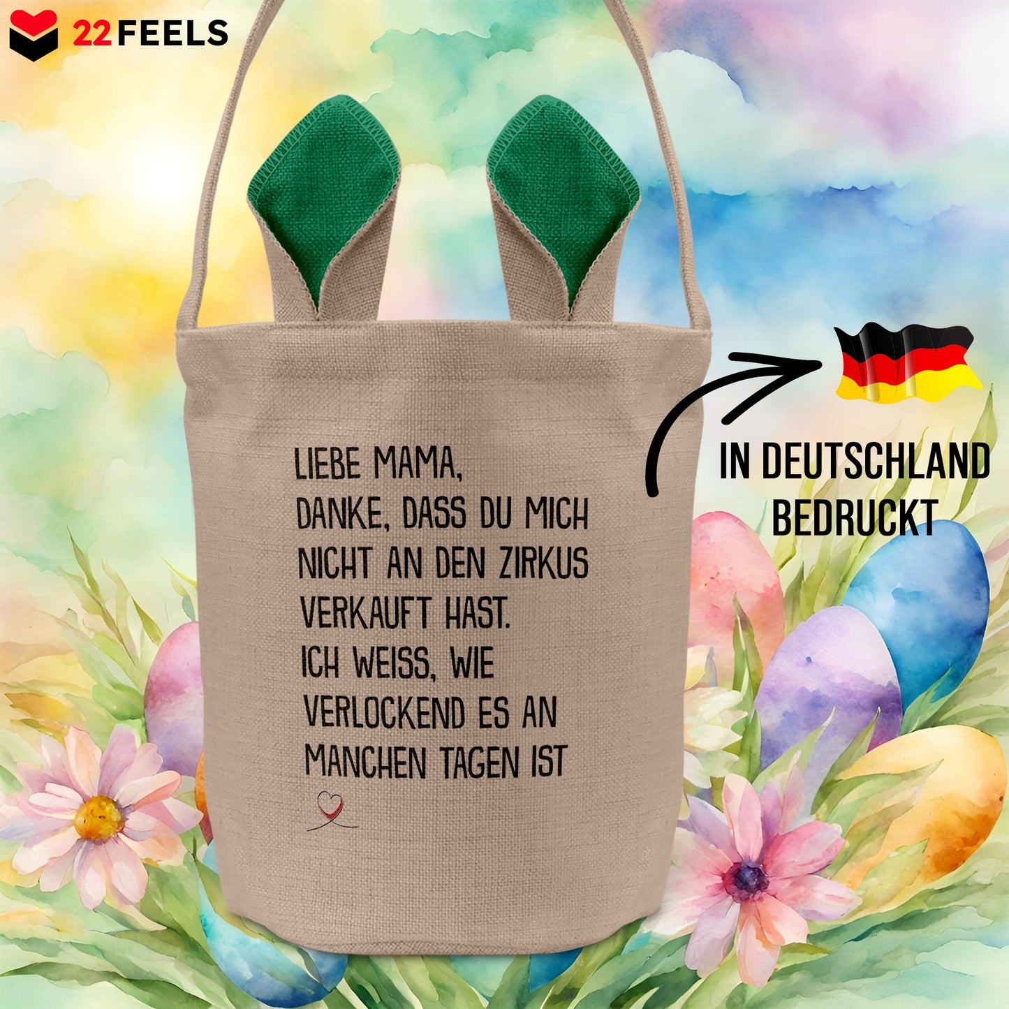 22Feels® Mama Osterkorb Mutter mit Henkel Ostergeschenk Tragetasche Ostern Deko Osternest Körbchen Hasenohren (Beige/Grün)-Ostern Tragetasche-22Feels