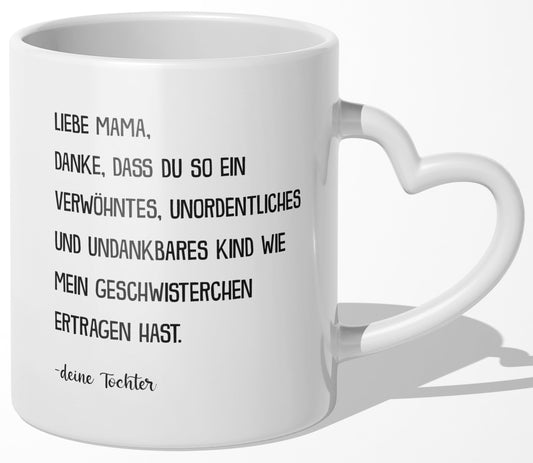22Feels® Mama Geschenk von Tochter - Tasse mit Spruch: Verwöhntes Geschwisterchen (Herzhenkel, Weiss, 320ml)-Tasse Weiss Herzhenkel 320ml-22Feels