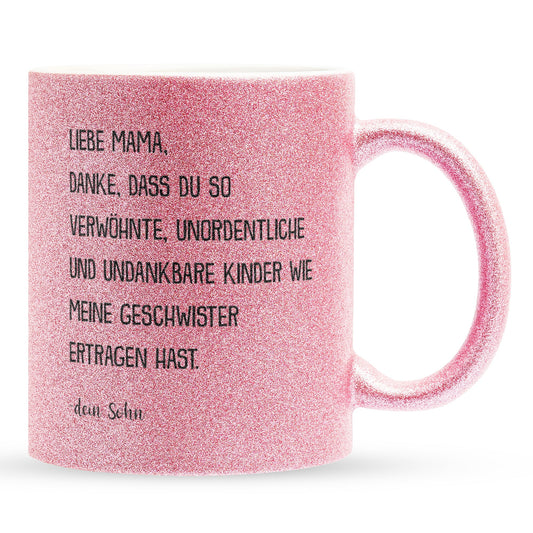 22Feels® Mama Geschenk von Sohn - Glitzertasse mit Spruch (Pink, 320ml)-Glitzertasse Pink 320ml-22Feels