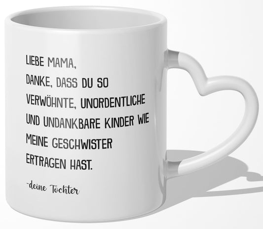 22Feels® Mama Geschenk von Tochter - Tasse mit Spruch: Verwöhnte Geschwister (Herzhenkel, Weiss, 320ml)-Tasse Weiss Herzhenkel 320ml-22Feels