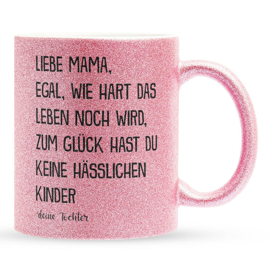 22Feels® Mama Geschenk von Tochter - Glitzertasse mit Spruch (Pink, 320ml)-Glitzertasse Pink 320ml-22Feels