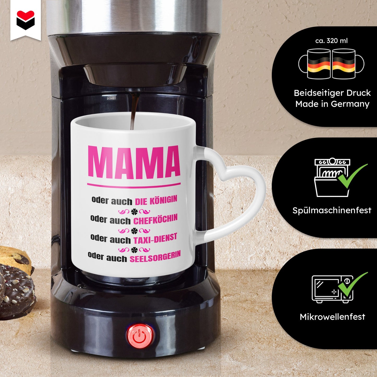 22Feels® Geschenk für Mamas - Tasse mit Spruch: Königin (Herzhenkel, Weiss, 320ml)-Tasse Weiss Herzhenkel 320ml-22Feels