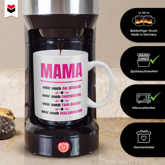 22Feels® Geschenk für Mamas - Tasse mit Spruch: Königin, Chefköchin, Taxi-Dienst, Seelsorgerin (Weiss, 320ml)-Weisse Tasse 320ml-22Feels