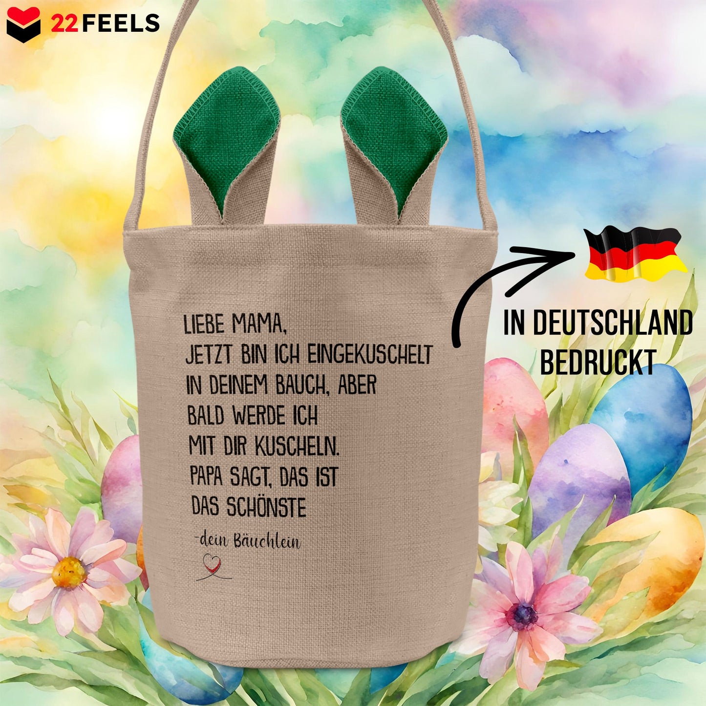 22Feels® Werdende Mama Schwangerschaft Ostern Osterkorb mit Henkel Ostergeschenk Tragetasche Ostern Deko Osternest Körbchen Hasenohren (Beige/Grün)-Ostern Tragetasche-22Feels