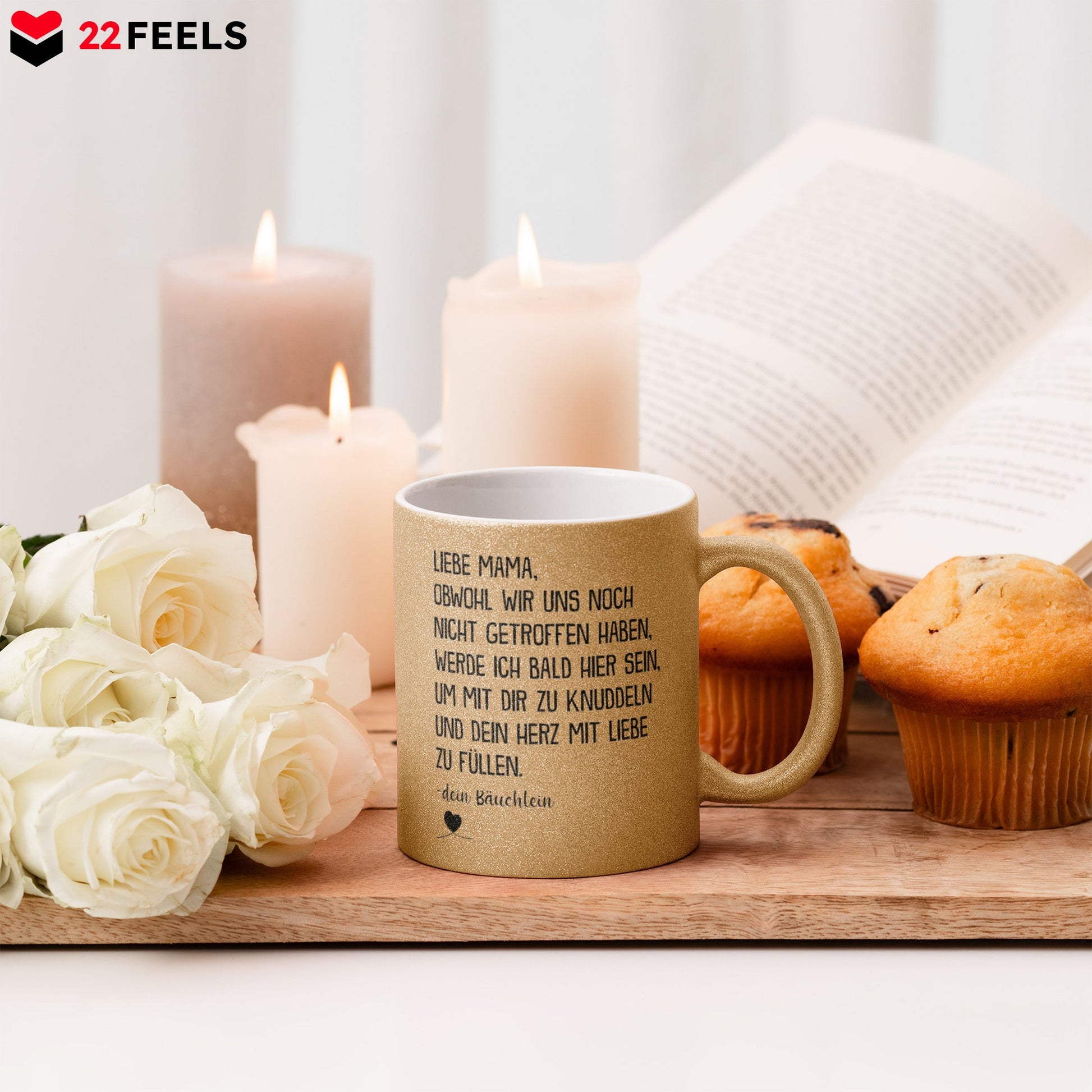 22Feels® Schwangerschaftsgeschenk Werdende Mama - Glitzertasse mit Spruch (Gold, 320ml)-Glitzertasse Gold 320ml-22Feels