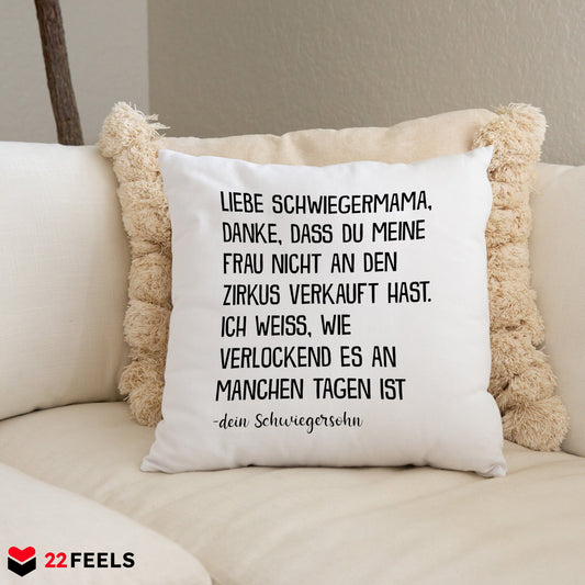 22Feels® Schwiegermutter Geschenk vom Schwiegersohn bzw. Bräutigam - Kissen mit Spruch (Weiss 40x40cm)-Kissen Weiss 40x40-22Feels