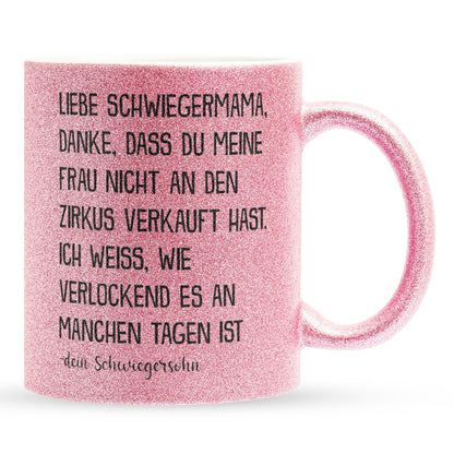 22Feels® Schwiegermutter Geschenk von Schwiegersohn bzw. Bräutigam - Glitzertasse mit Spruch (Pink, 320ml)-Glitzertasse Pink 320ml-22Feels