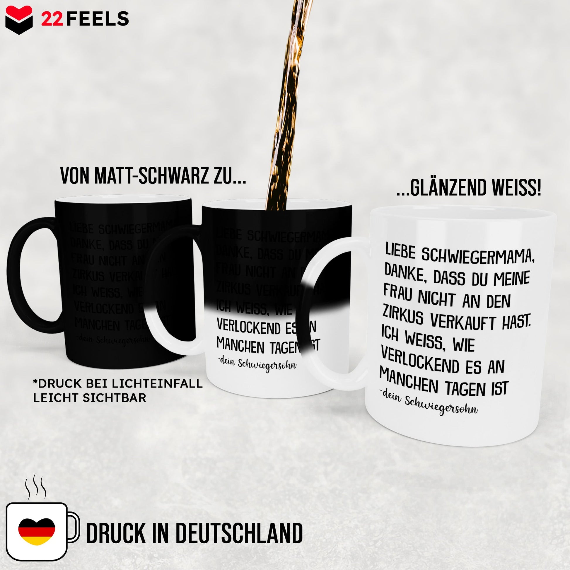 22Feels® Schwiegermutter Geschenk von Schwiegersohn bzw. Bräutigam - Zaubertasse mit Spruch (Matt-Schwarz und Weiss, 320ml)-Farbwechsel Tasse Matt 320ml-22Feels