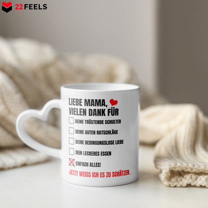 22Feels® Geschenk für Mamas - Tasse mit Spruch: Vielen Dank (Herzhenkel, Weiss, 320ml)-Tasse Weiss Herzhenkel 320ml-22Feels