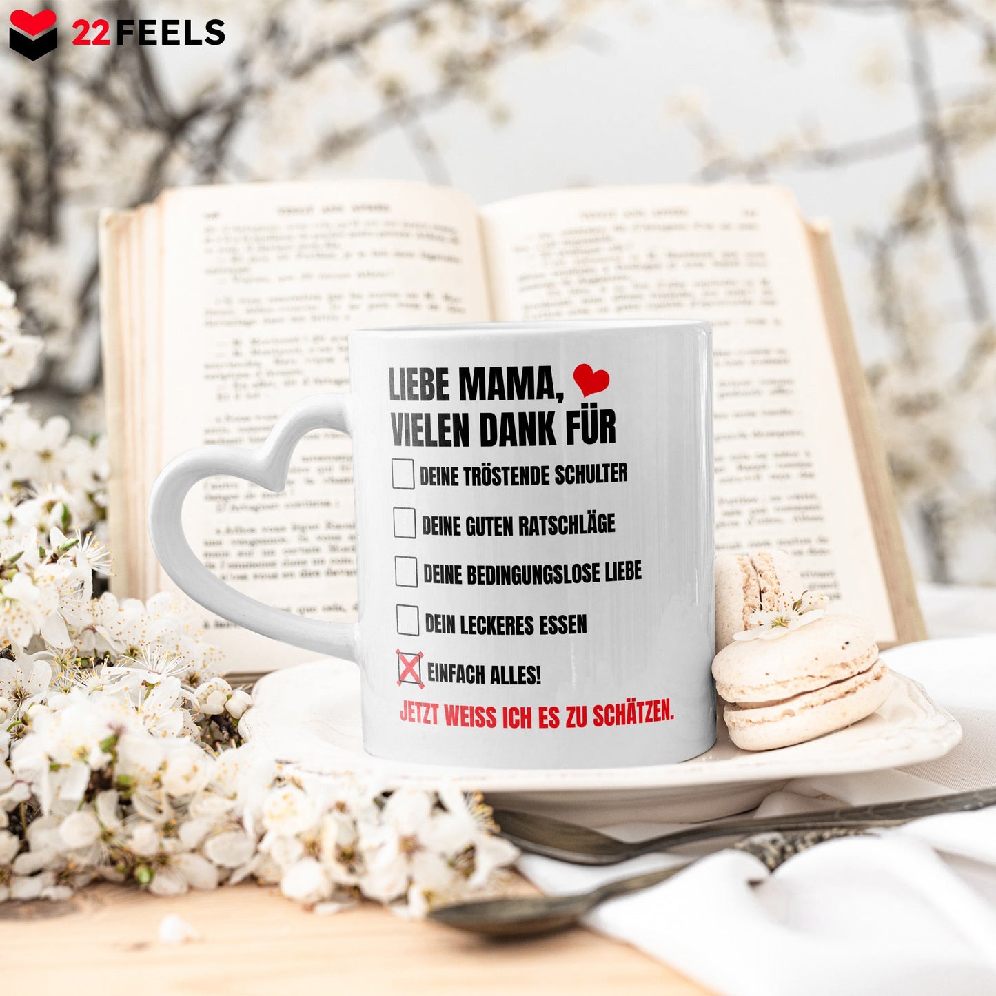 22Feels® Geschenk für Mamas - Tasse mit Spruch: Vielen Dank (Herzhenkel, Weiss, 320ml)-Tasse Weiss Herzhenkel 320ml-22Feels