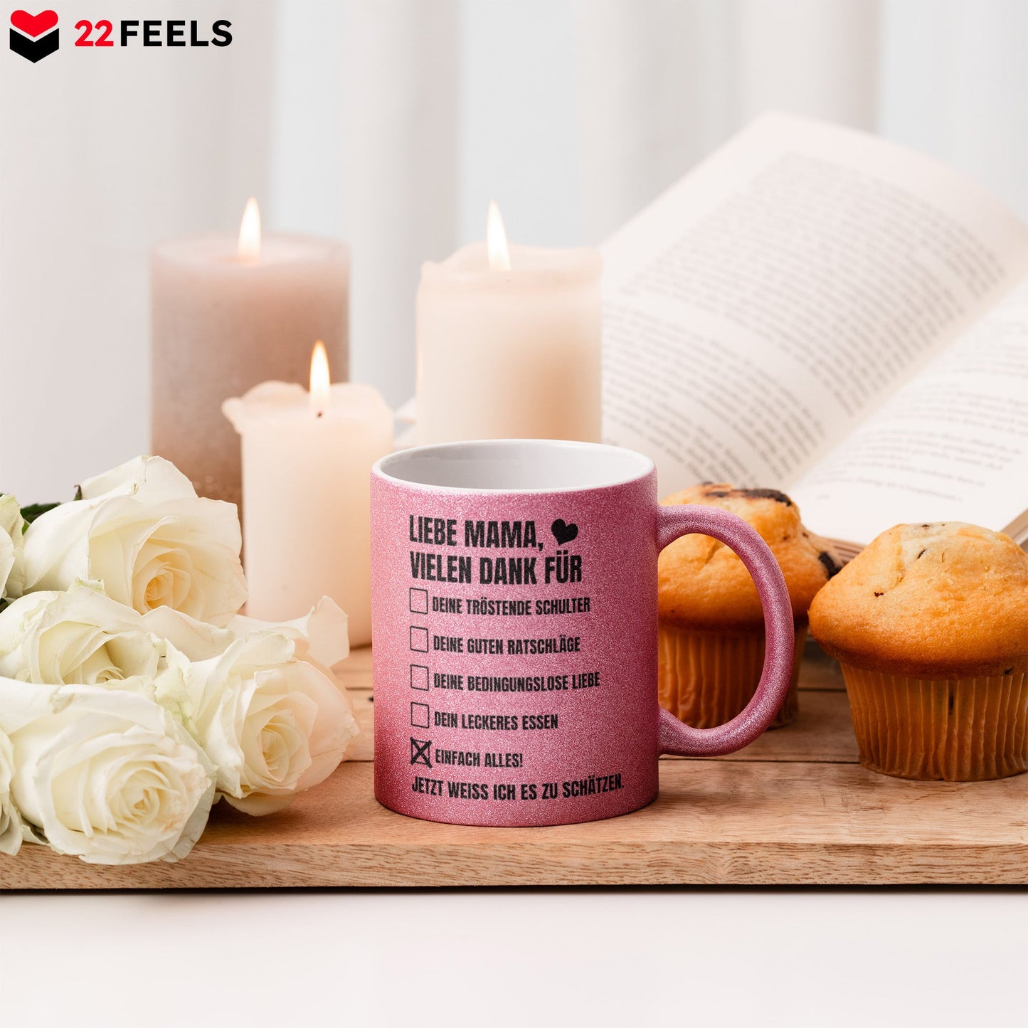 22Feels® Mama Geschenk - Glitzertasse mit Spruch (Pink, 320ml)-Glitzertasse Pink 320ml-22Feels