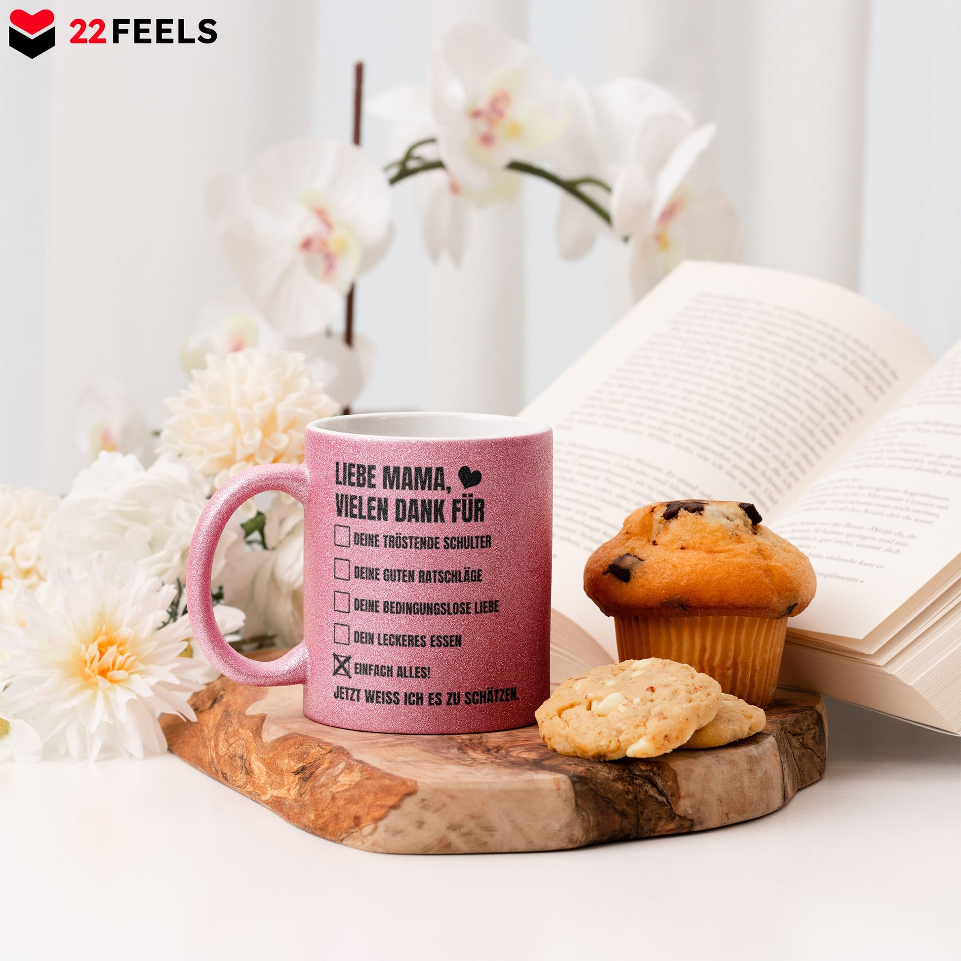 22Feels® Mama Geschenk - Glitzertasse mit Spruch (Pink, 320ml)-Glitzertasse Pink 320ml-22Feels