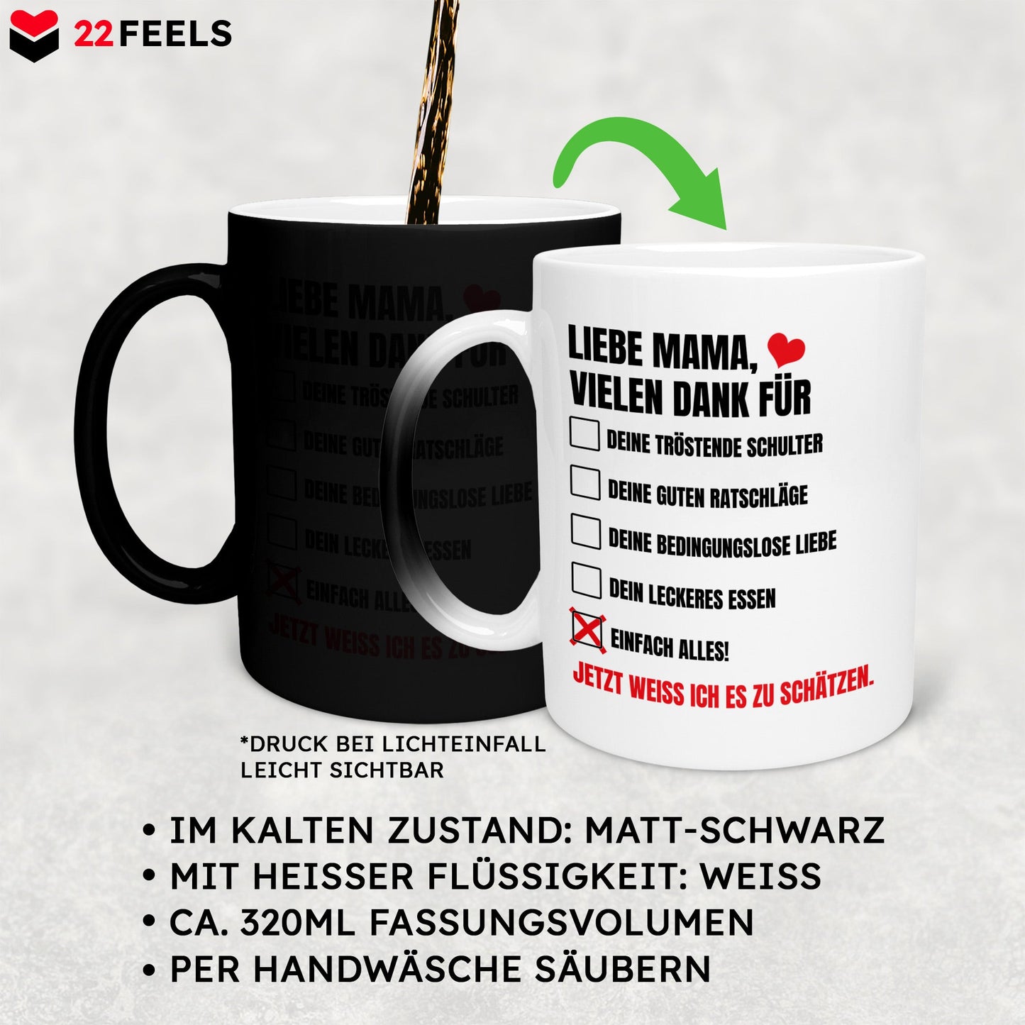 22Feels® Mama Geschenk - Zaubertasse mit Spruch (Matt-Schwarz und Weiss, 320ml)-Farbwechsel Tasse Matt 320ml-22Feels