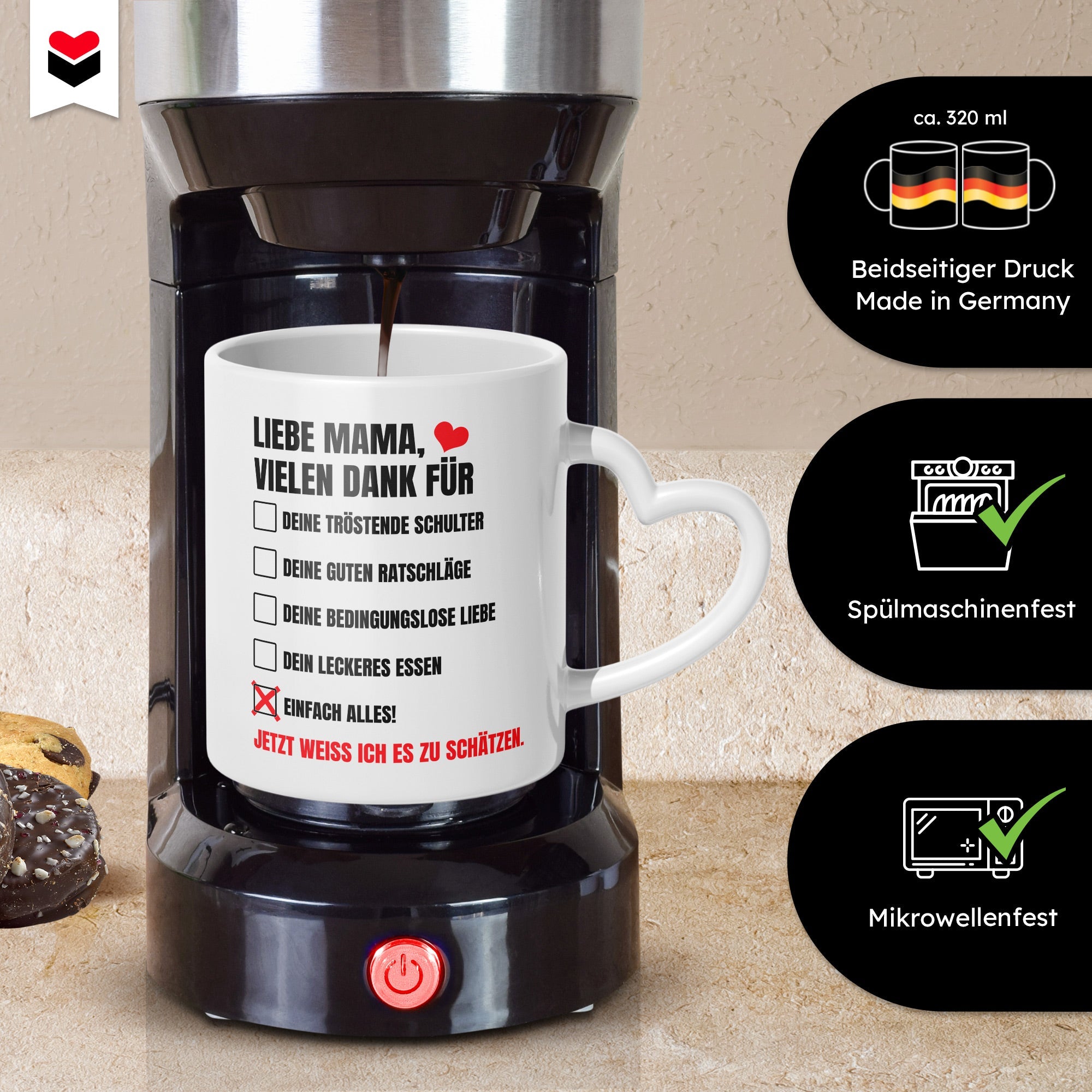 22Feels® Geschenk für Mamas - Tasse mit Spruch: Vielen Dank (Herzhenkel, Weiss, 320ml)-Tasse Weiss Herzhenkel 320ml-22Feels