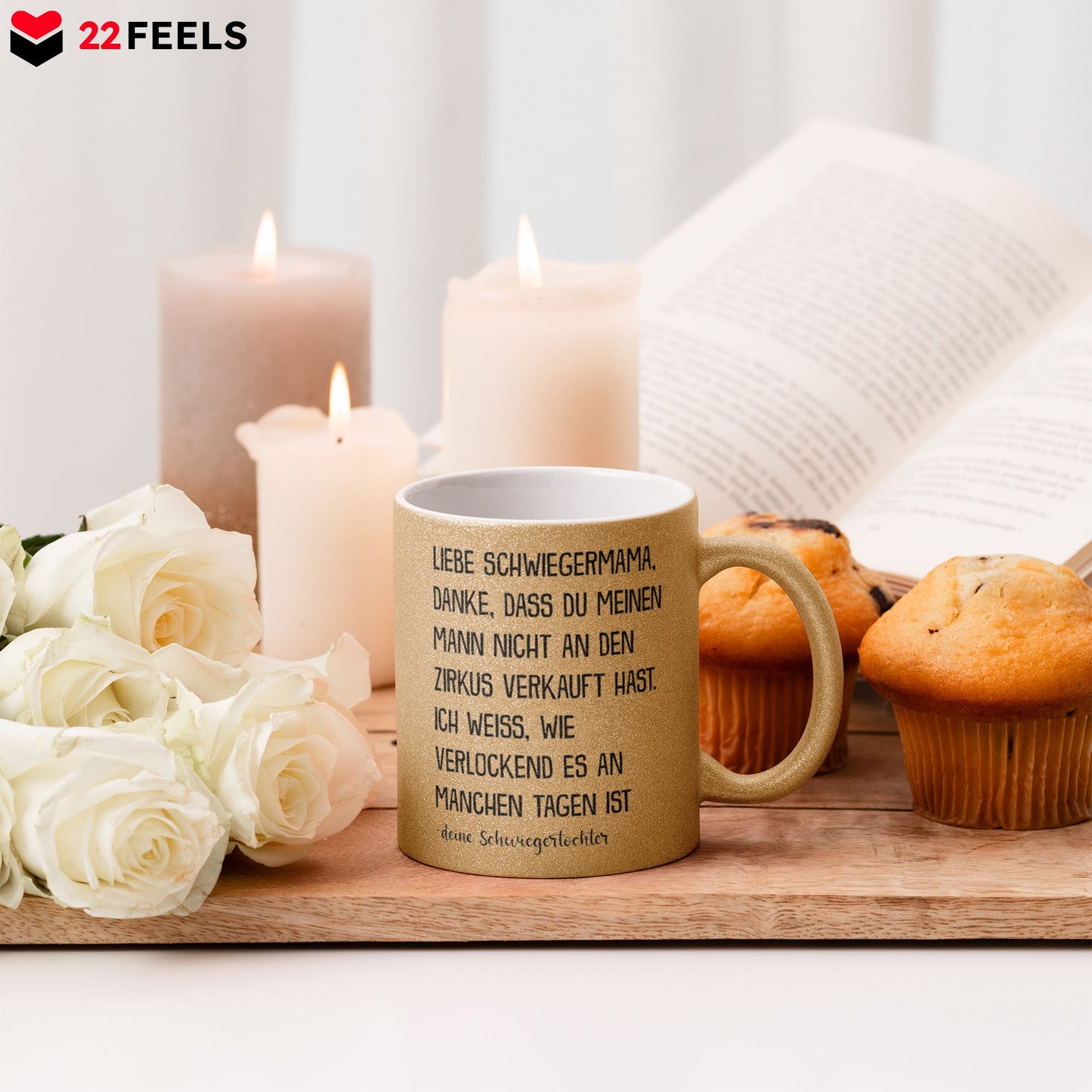 22Feels® Schwiegermutter Geschenk von Schwiegertochter bzw. Braut - Glitzertasse mit Spruch (Gold, 320ml)-Glitzertasse Gold 320ml-22Feels