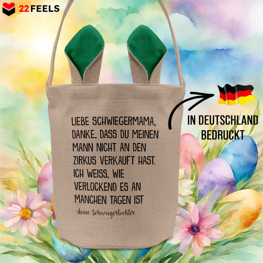 22Feels® Schwiegermama Osterkorb von Schwiegertochter mit Henkel Ostergeschenk Tragetasche Ostern Deko Osternest Körbchen Hasenohren (Beige/Grün)-Ostern Tragetasche-22Feels
