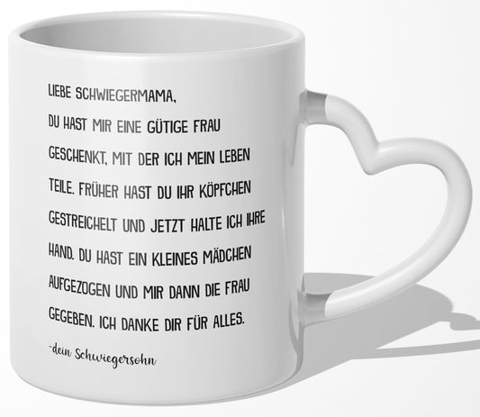 22Feels® Schwiegermutter Geschenk von Schwiegersohn bzw. Bräutigam - Tasse mit Spruch: Du hast mir eine gütige Frau geschenkt (Herzhenkel, Weiss, 320ml)-Tasse Weiss Herzhenkel 320ml-22Feels