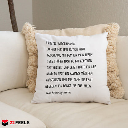 22Feels® Schwiegermutter Geschenk vom Schwiegersohn bzw. Bräutigam - Kissen mit Spruch (Weiss 40x40cm)-Kissen Weiss 40x40-22Feels