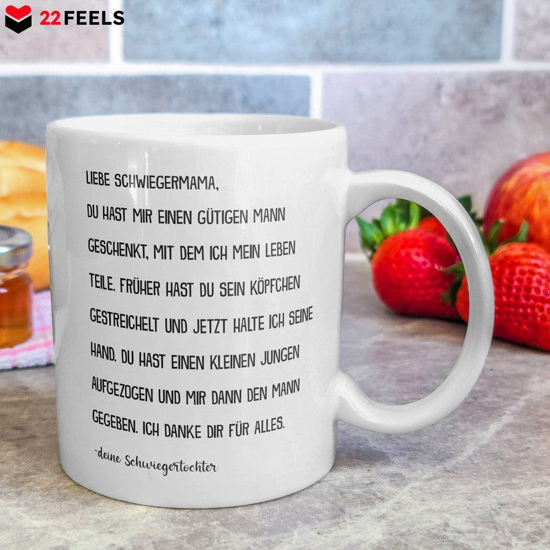 22Feels® Geschenk für Schwiegermutter von Schwiegertochter - Tasse mit Spruch: Du Hast Mir Einen Gütigen Mann Geschenkt (Weiss, 320ml)-Weisse Tasse 320ml-22Feels